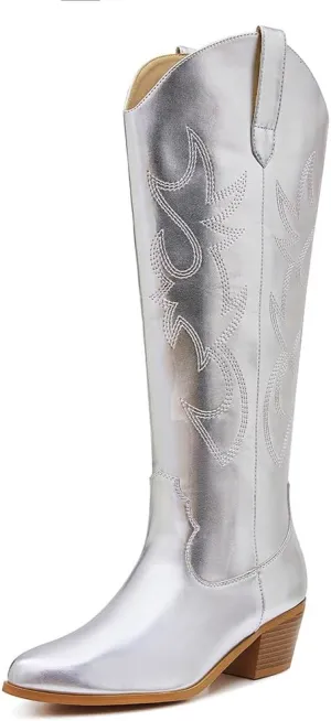 Erocalli White Cowgirl Boot Cowboy Boots for Women Embroidered Pull-On Chunky Stacked Heel Knee High Western Boots