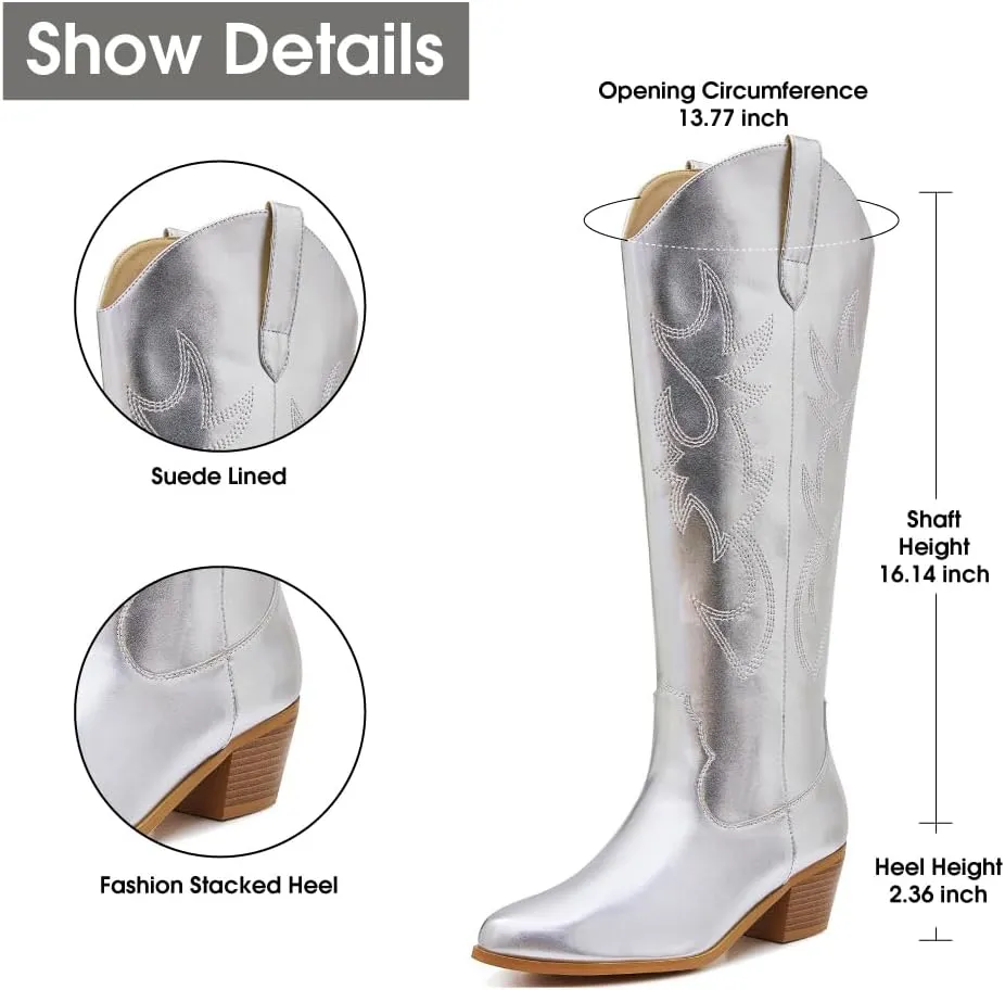 Erocalli White Cowgirl Boot Cowboy Boots for Women Embroidered Pull-On Chunky Stacked Heel Knee High Western Boots