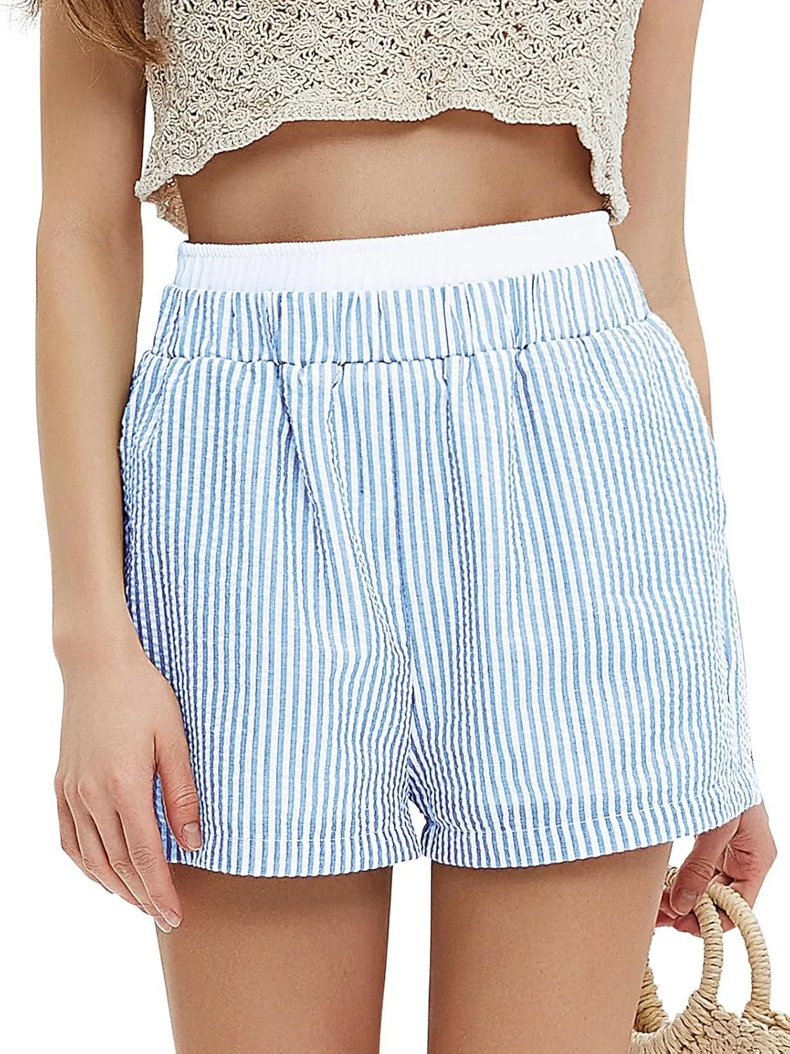 EXLURA Women's Stripe Print Exposed Boxer Shorts Elastic High Waisted Wide Leg Y2K Workout Gym Shorts