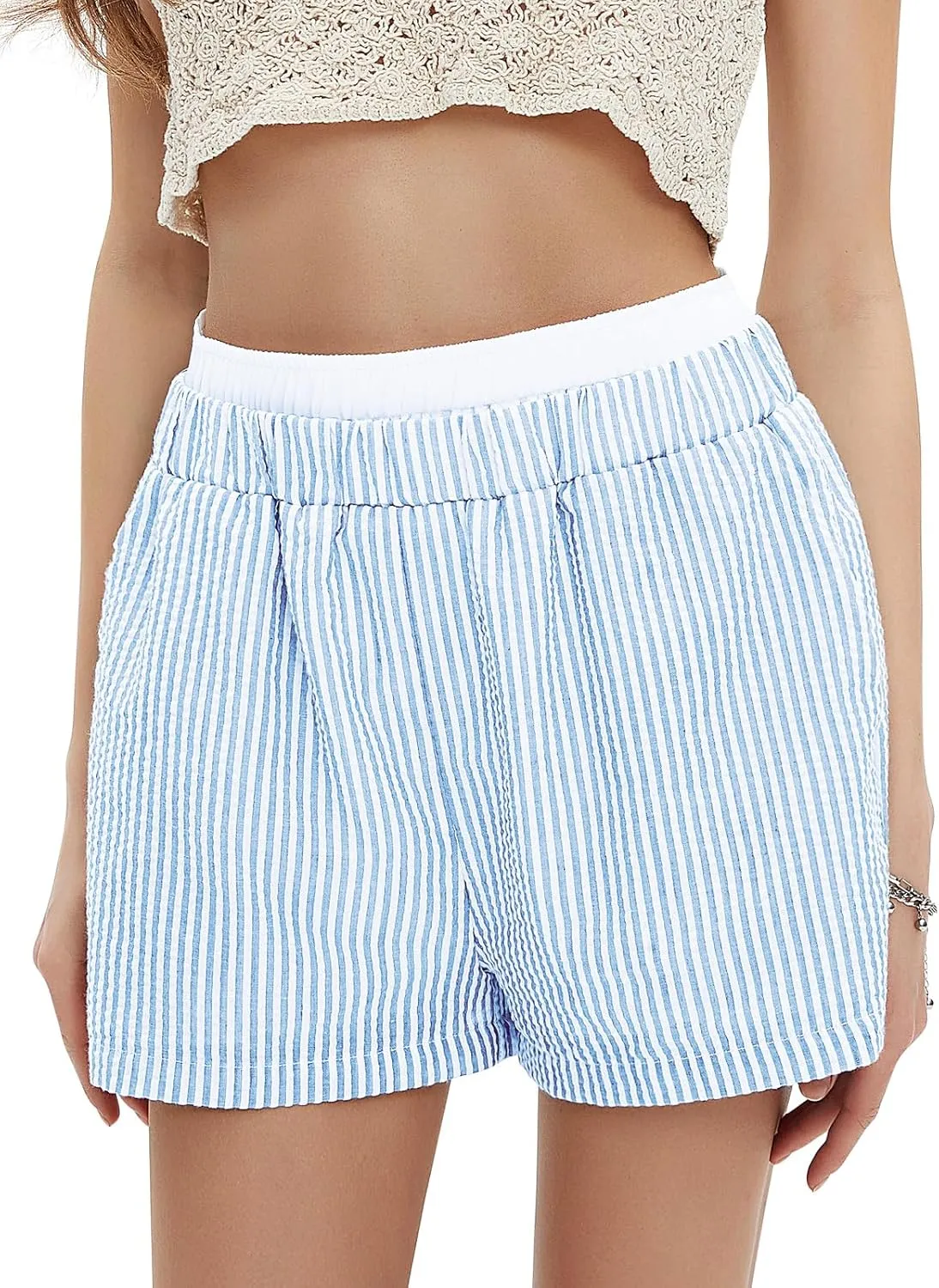 EXLURA Women's Stripe Print Exposed Boxer Shorts Elastic High Waisted Wide Leg Y2K Workout Gym Shorts