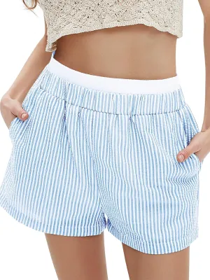 EXLURA Women's Stripe Print Exposed Boxer Shorts Elastic High Waisted Wide Leg Y2K Workout Gym Shorts