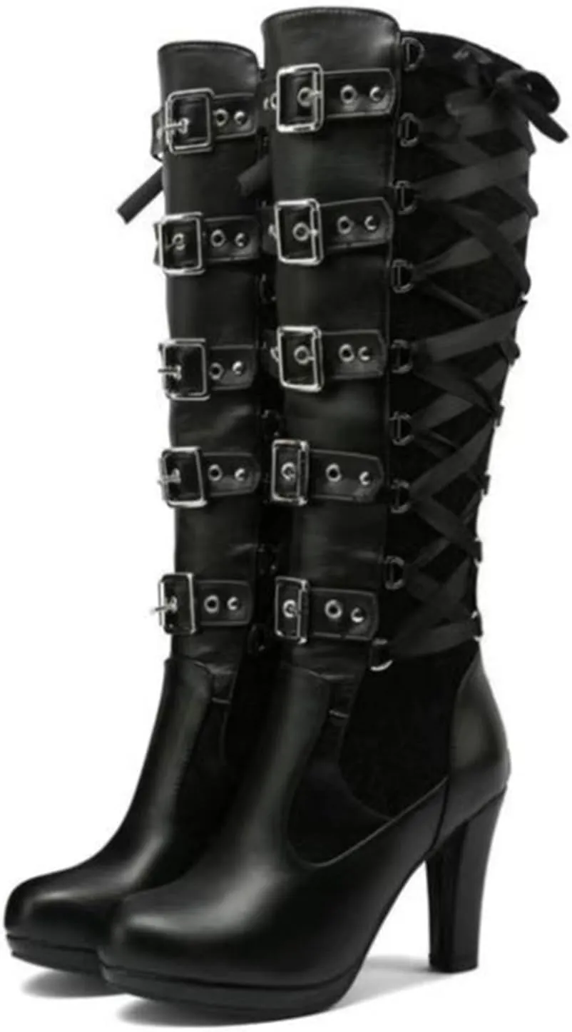 FAIRSOMA Women'S Lace Up Victorian Knee-High Boots,Classics Vintage Round Toe Kitten Heel Witch Boots Knight Combat Boots Buckle Riding Boots