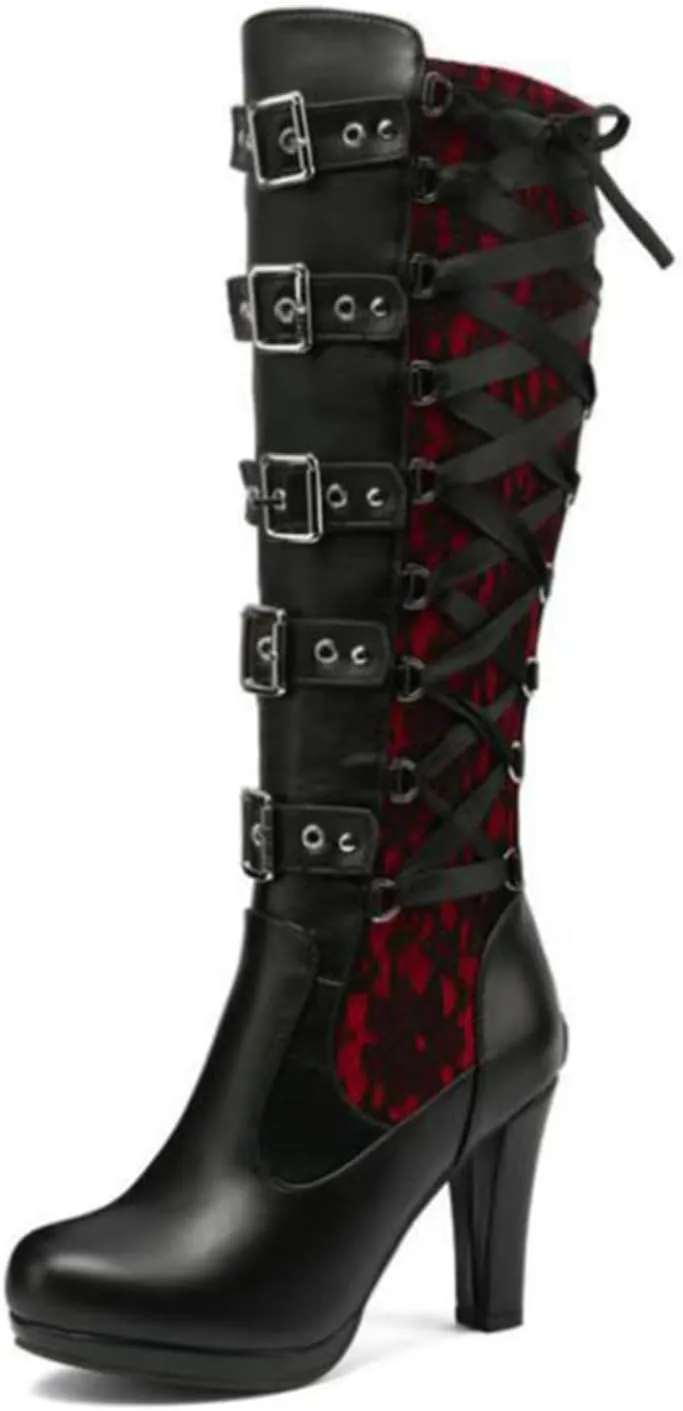 FAIRSOMA Women'S Lace Up Victorian Knee-High Boots,Classics Vintage Round Toe Kitten Heel Witch Boots Knight Combat Boots Buckle Riding Boots