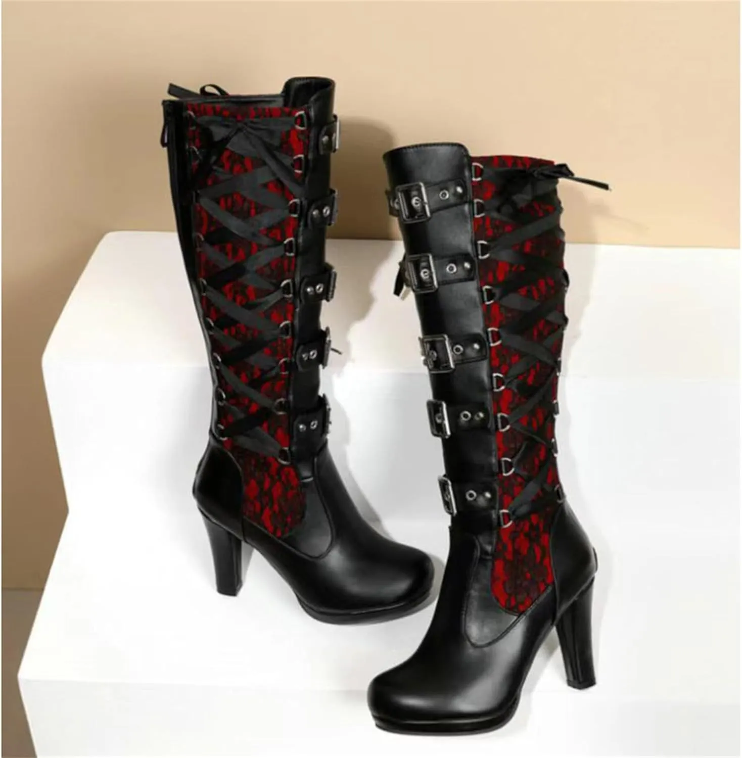 FAIRSOMA Women'S Lace Up Victorian Knee-High Boots,Classics Vintage Round Toe Kitten Heel Witch Boots Knight Combat Boots Buckle Riding Boots