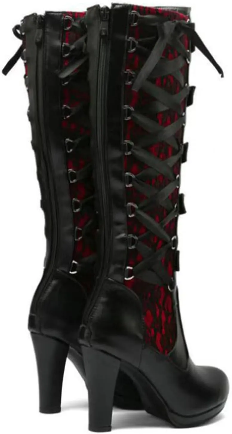 FAIRSOMA Women'S Lace Up Victorian Knee-High Boots,Classics Vintage Round Toe Kitten Heel Witch Boots Knight Combat Boots Buckle Riding Boots