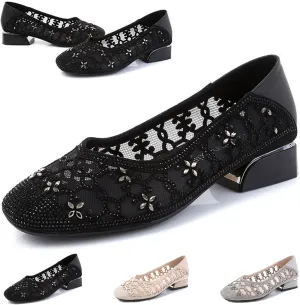 Fashion Rhinestones Net Yarn Low Chunky Heels Pumps for Women Round Toe Hollow Out Slip on Loafers Sandals Comfortable Non-Slip Soft Sole Formal Dress Shoes