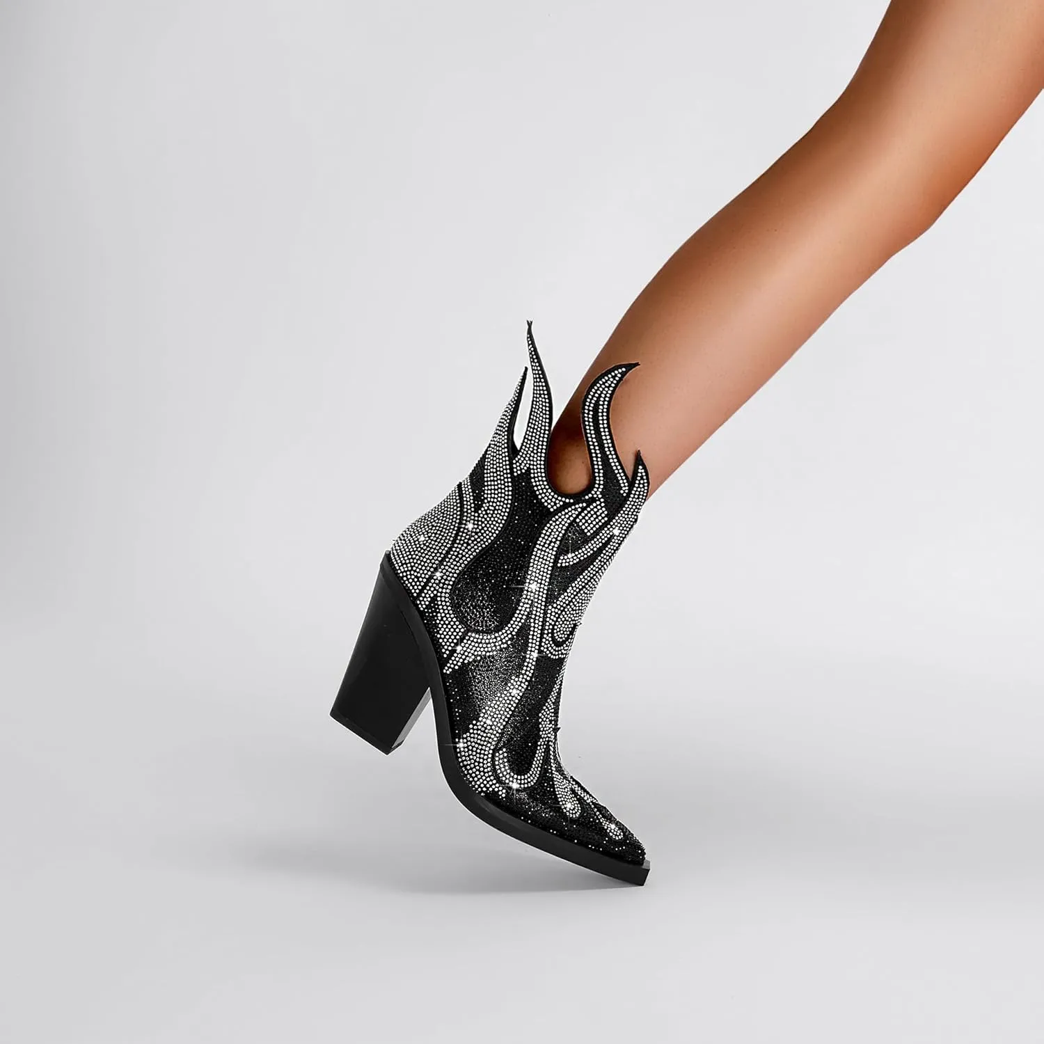 Feinlina Women's Rhinestone Flame Pointed Toe Block Chunky Heeled Boots Fashion Sparkly Cowboy Ankle Booties