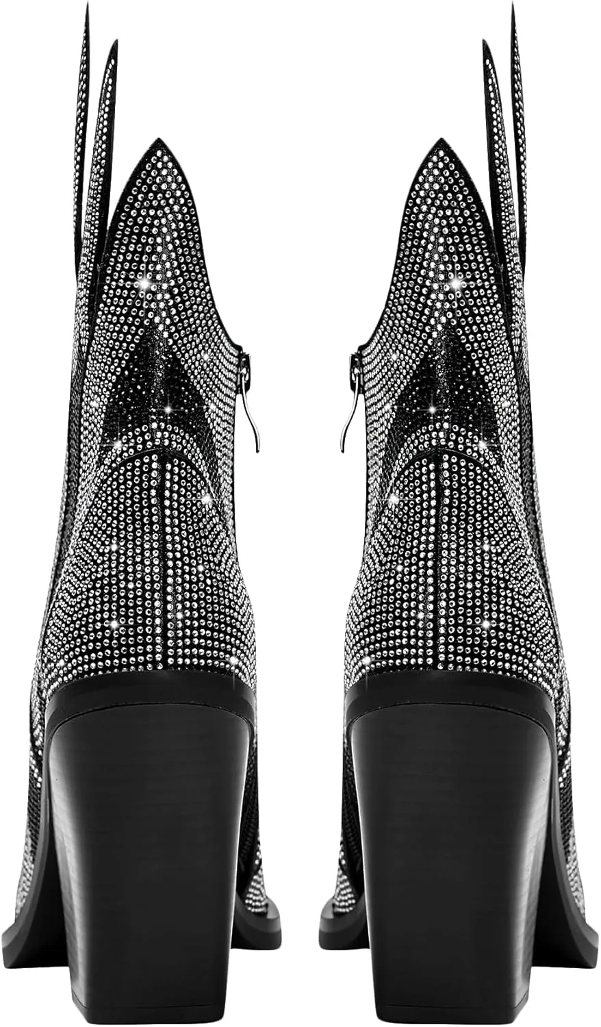 Feinlina Women's Rhinestone Flame Pointed Toe Block Chunky Heeled Boots Fashion Sparkly Cowboy Ankle Booties