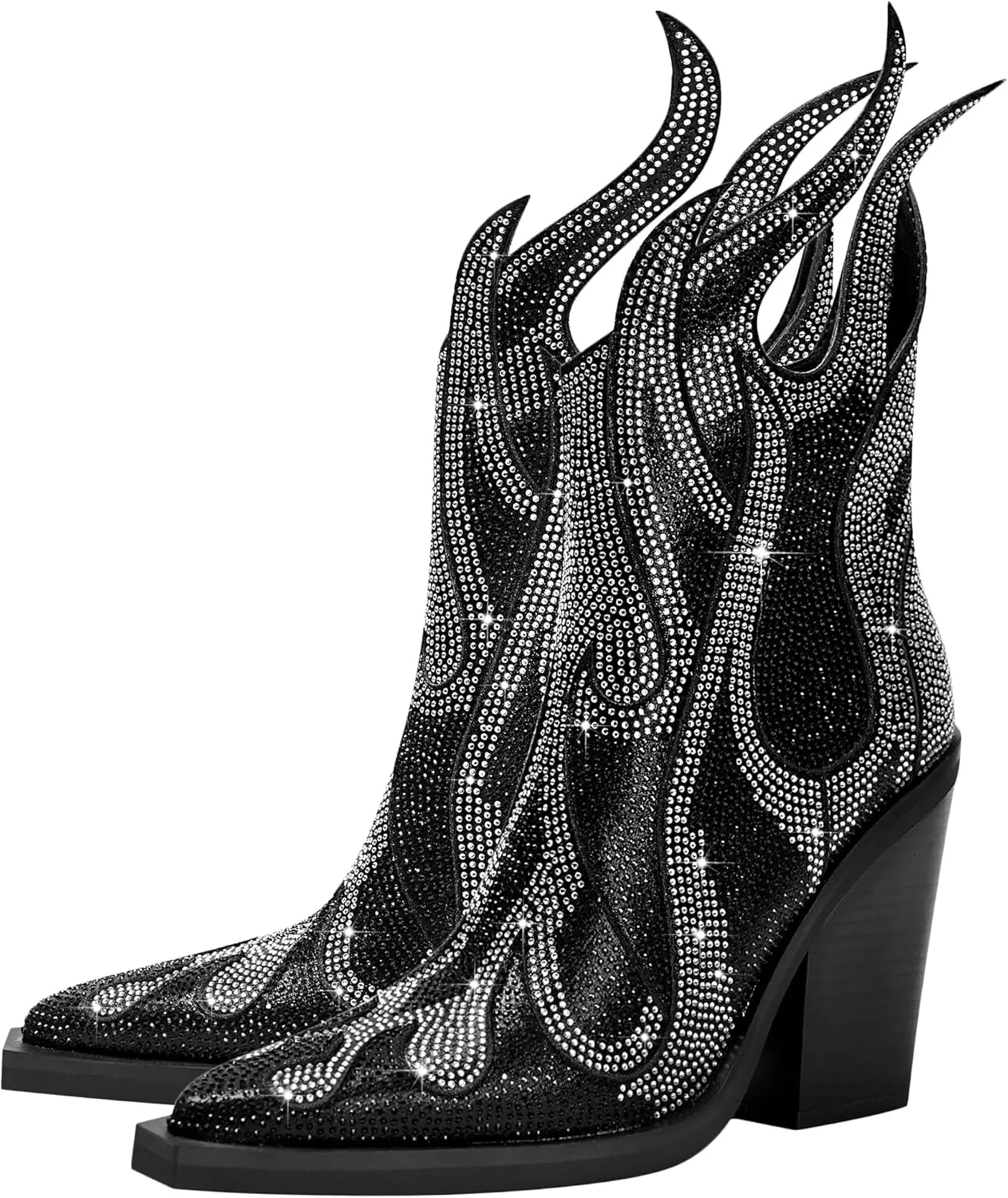 Feinlina Women's Rhinestone Flame Pointed Toe Block Chunky Heeled Boots Fashion Sparkly Cowboy Ankle Booties
