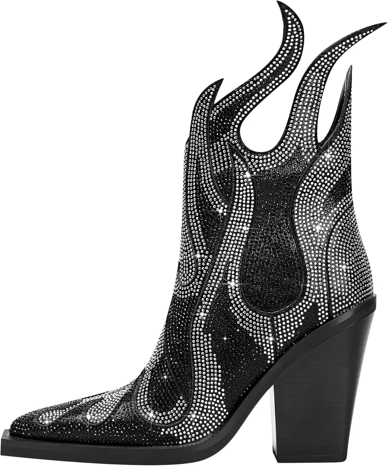 Feinlina Women's Rhinestone Flame Pointed Toe Block Chunky Heeled Boots Fashion Sparkly Cowboy Ankle Booties