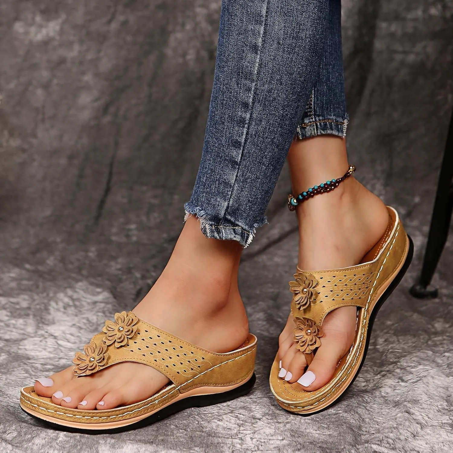 Flip Flops for Women, Orthopedic Sandals with Arch Support, Comfortable Walking Platform Wedge Shoes, Dressy Summer Slip on Thick Cushion Slippers