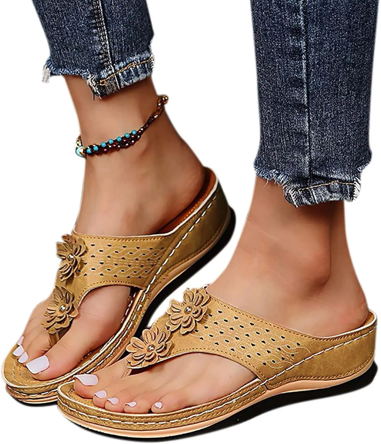 Flip Flops for Women, Orthopedic Sandals with Arch Support, Comfortable Walking Platform Wedge Shoes, Dressy Summer Slip on Thick Cushion Slippers
