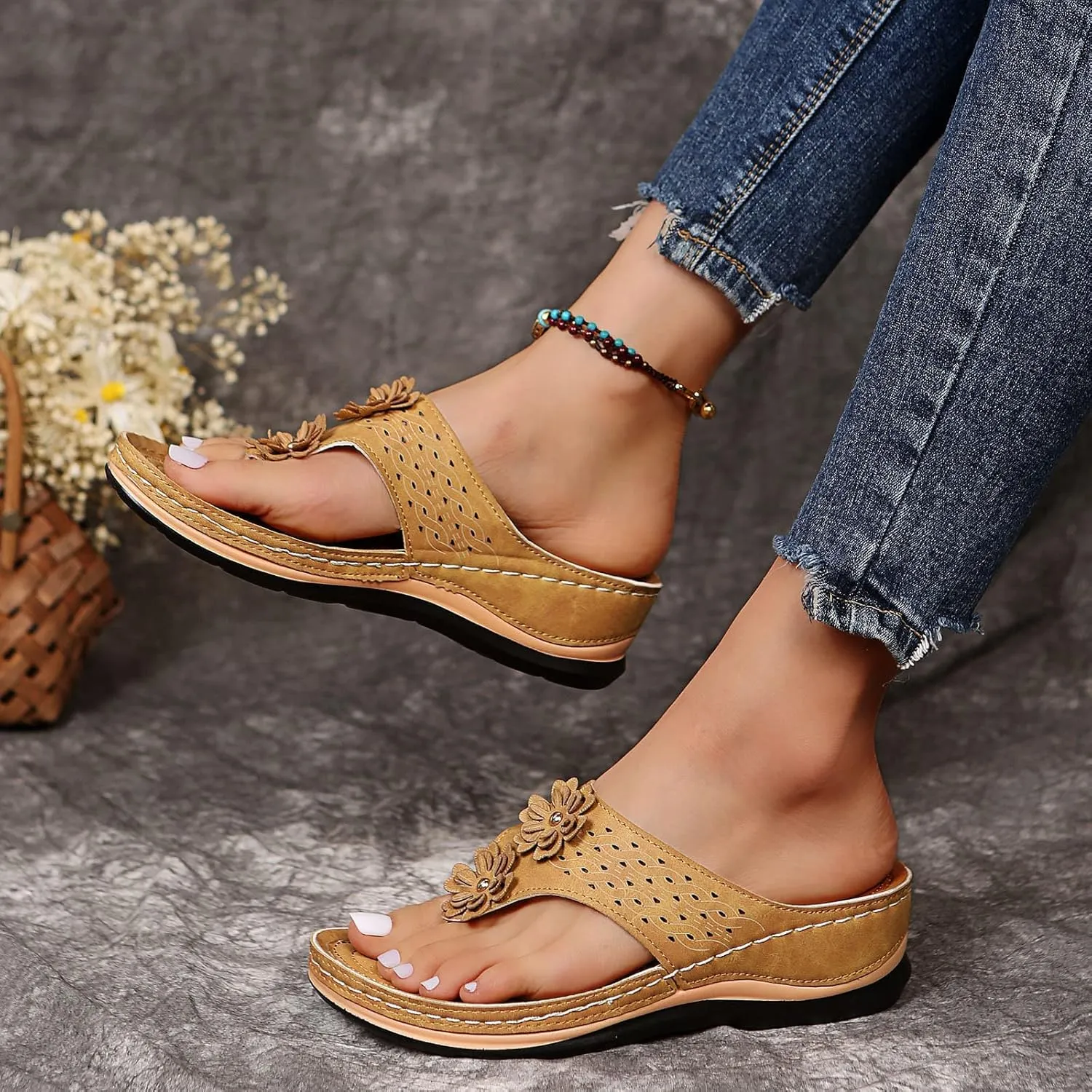 Flip Flops for Women, Orthopedic Sandals with Arch Support, Comfortable Walking Platform Wedge Shoes, Dressy Summer Slip on Thick Cushion Slippers