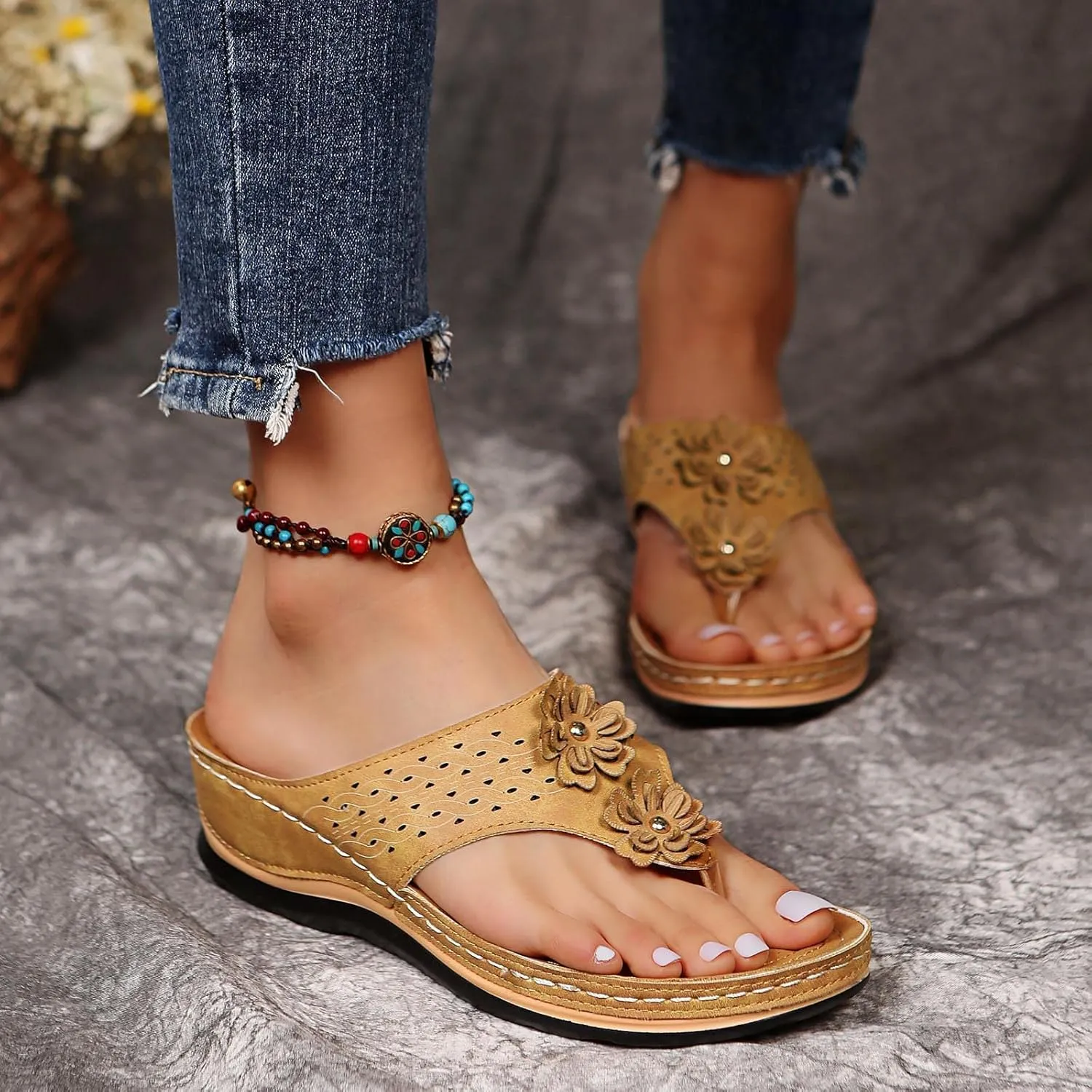 Flip Flops for Women, Orthopedic Sandals with Arch Support, Comfortable Walking Platform Wedge Shoes, Dressy Summer Slip on Thick Cushion Slippers