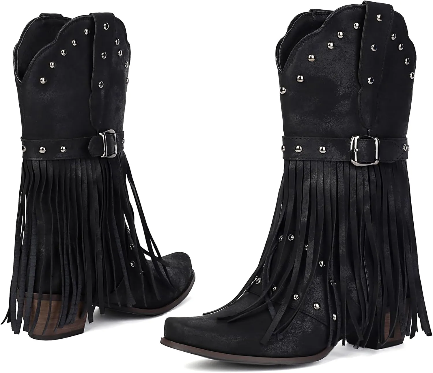 Fringe Cowboy Boots for Women Mid Calf Studded Pointed Toe Western Tassel Cowgirl Boots Women