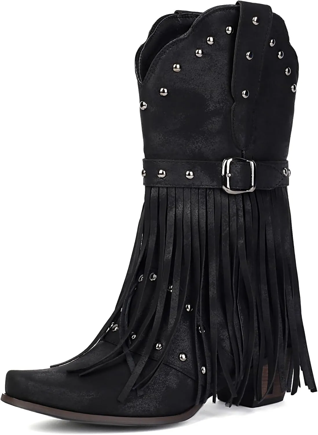 Fringe Cowboy Boots for Women Mid Calf Studded Pointed Toe Western Tassel Cowgirl Boots Women