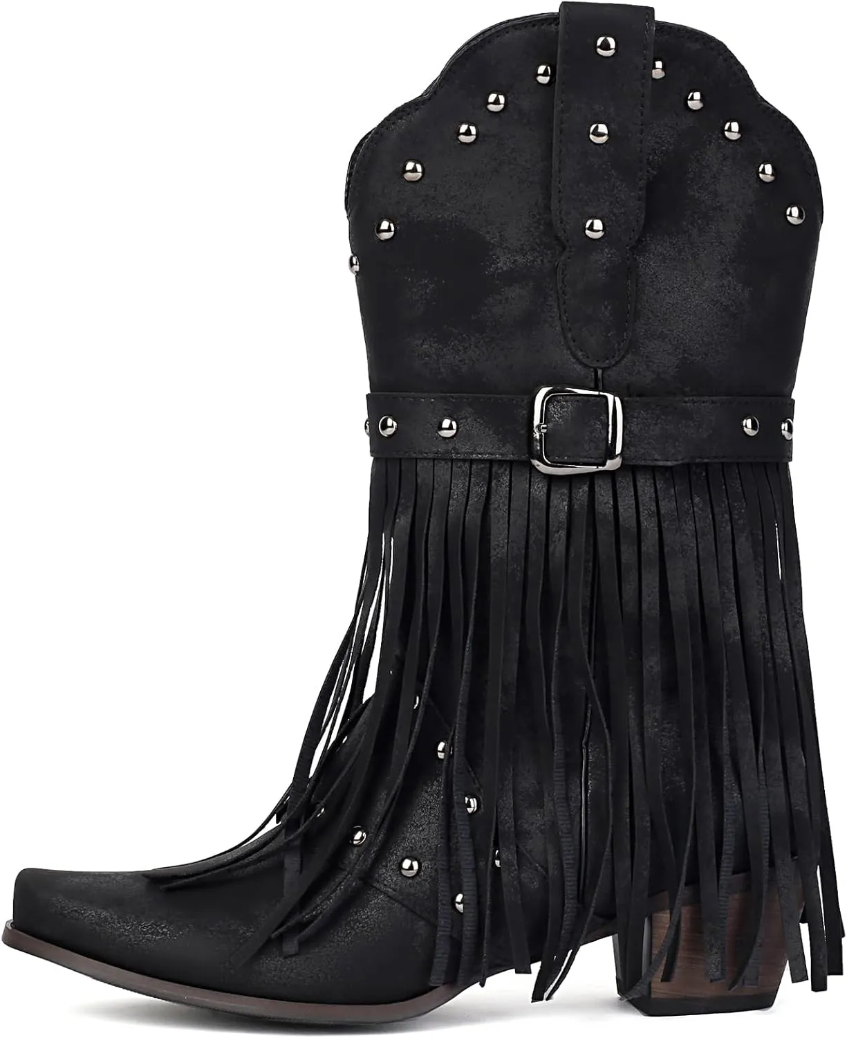 Fringe Cowboy Boots for Women Mid Calf Studded Pointed Toe Western Tassel Cowgirl Boots Women