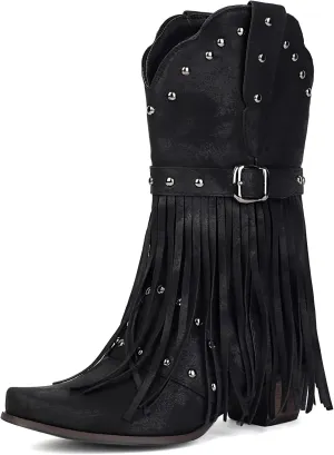 Fringe Cowboy Boots for Women Mid Calf Studded Pointed Toe Western Tassel Cowgirl Boots Women