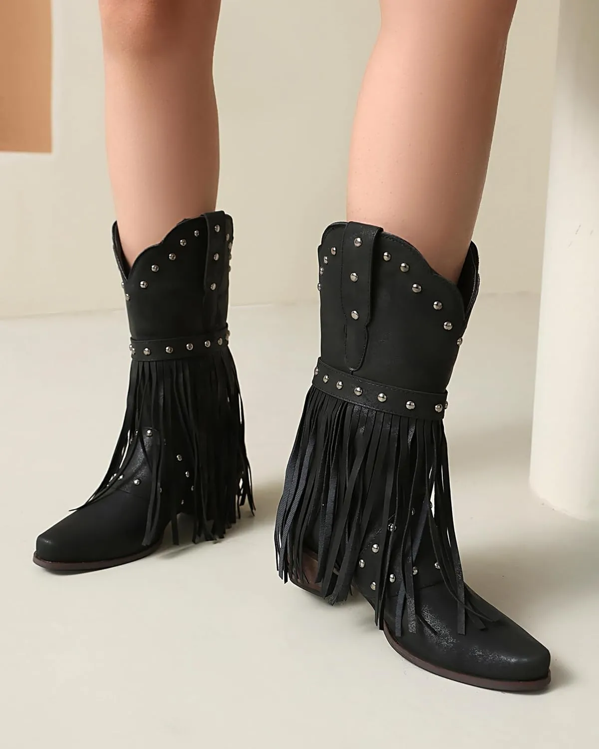 Fringe Cowboy Boots for Women Mid Calf Studded Pointed Toe Western Tassel Cowgirl Boots Women