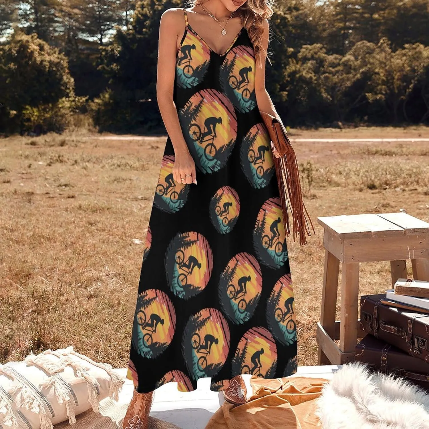 Funny Bike Riding Rider Womens Summer Long Dress Casual Sleeveless Sundress Loose V Neck Tank Dresses for Beach