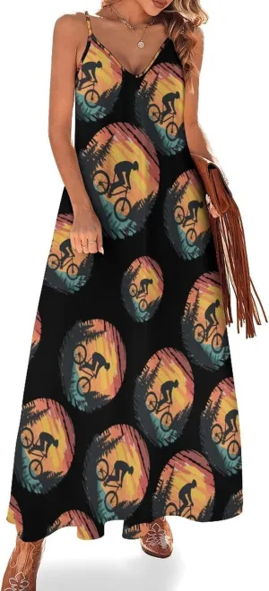 Funny Bike Riding Rider Womens Summer Long Dress Casual Sleeveless Sundress Loose V Neck Tank Dresses for Beach