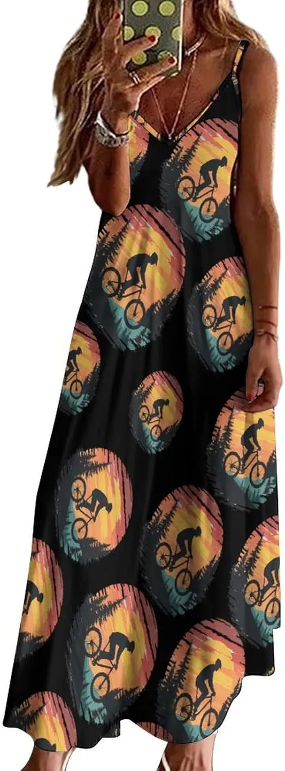 Funny Bike Riding Rider Womens Summer Long Dress Casual Sleeveless Sundress Loose V Neck Tank Dresses for Beach