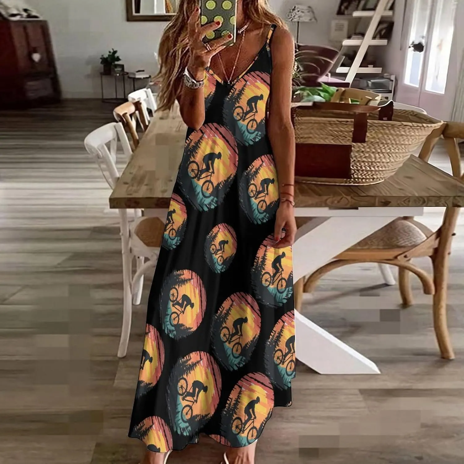 Funny Bike Riding Rider Womens Summer Long Dress Casual Sleeveless Sundress Loose V Neck Tank Dresses for Beach