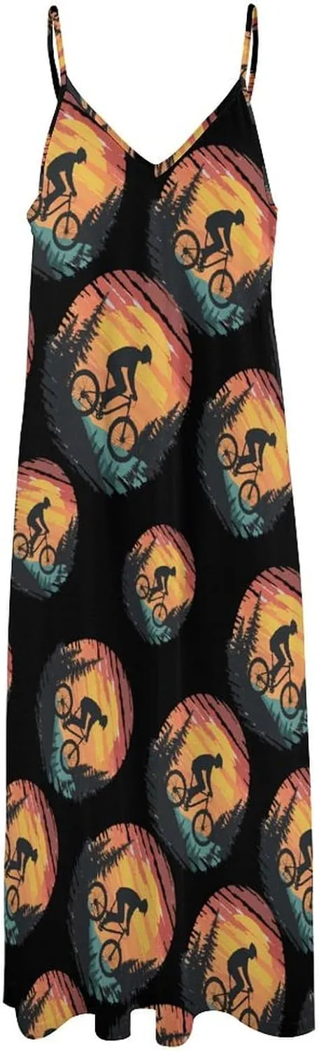 Funny Bike Riding Rider Womens Summer Long Dress Casual Sleeveless Sundress Loose V Neck Tank Dresses for Beach