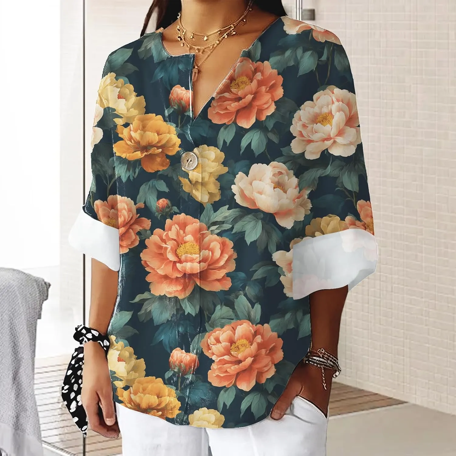 Geleglaer Womens Trendy V Neck Floral Graphic Blouses Summer Boho Style Loose Fit Shirts Casual 3/4 Roll Up Sleeve Tops