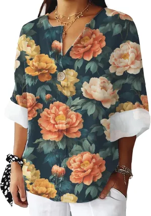 Geleglaer Womens Trendy V Neck Floral Graphic Blouses Summer Boho Style Loose Fit Shirts Casual 3/4 Roll Up Sleeve Tops
