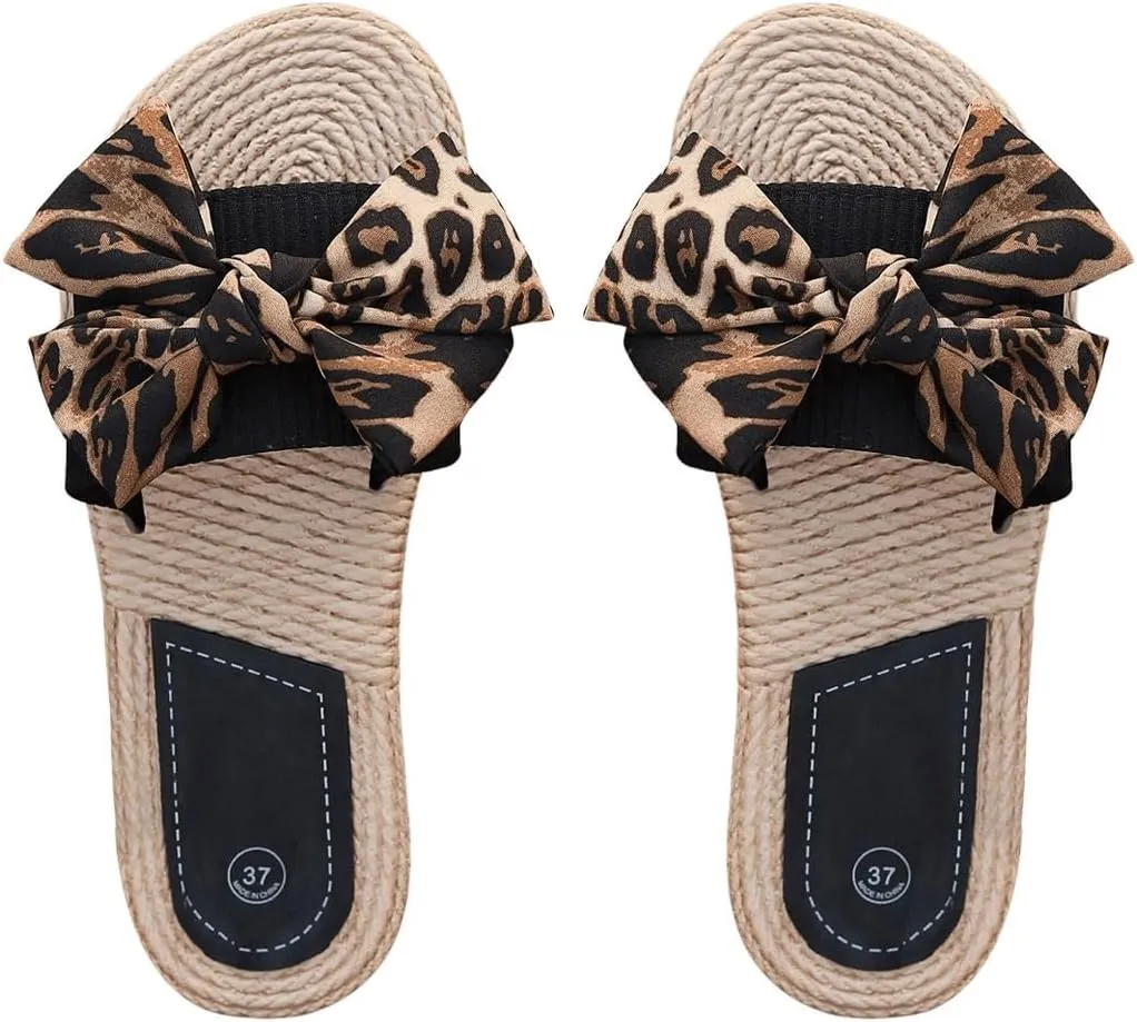GORGLITTER Women's Bow Knot Flat Sandals Open Toe Slip On Slide Slipper Single Band Flats Black and Brown 6