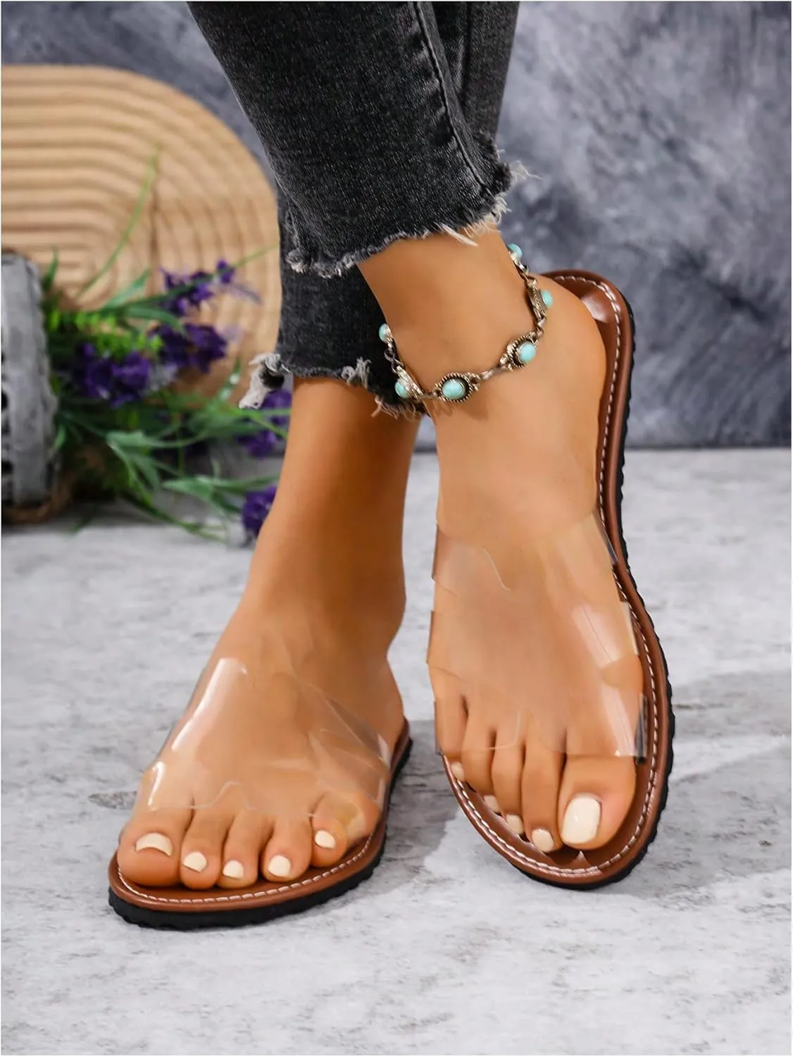 GORGLITTER Women's Clear Sandals Rhinestone Summer Vacation Beach Flats Slippers Open Toe Slide Sandals
