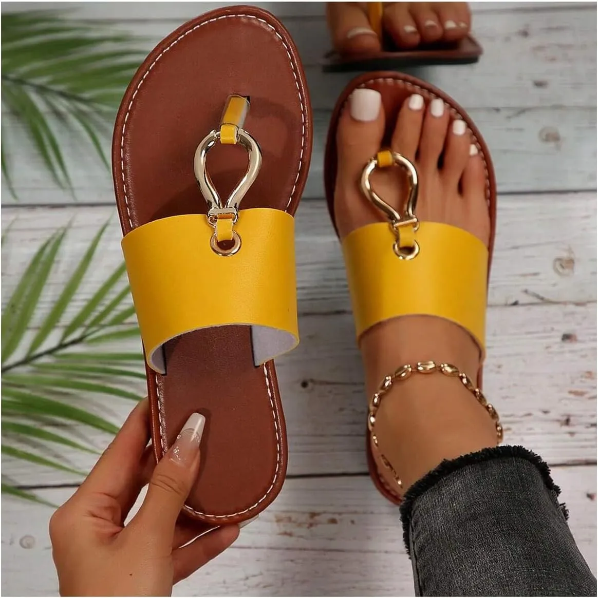 GORGLITTER Women's Ring Thong Flat Sandals Open Toe Flip Flops Leather Slippers Dressy Slides