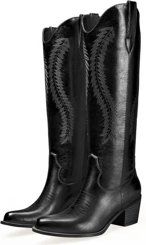 GOSERCE Metallic Cowboy Boots for Women Embroidered Cowgirl Boots Almond Pointed Toe Medium Block Chunky Heel 6cm Pull On Tabs Precise Stitching