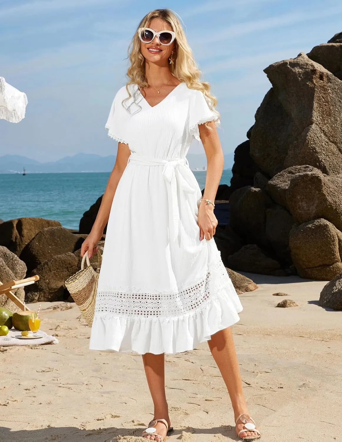 GRACE KARIN Women's Summer Casual V Neck Ruffle Short Sleeve A-Line Floral Embroidery Flowy Midi Dress with Belt