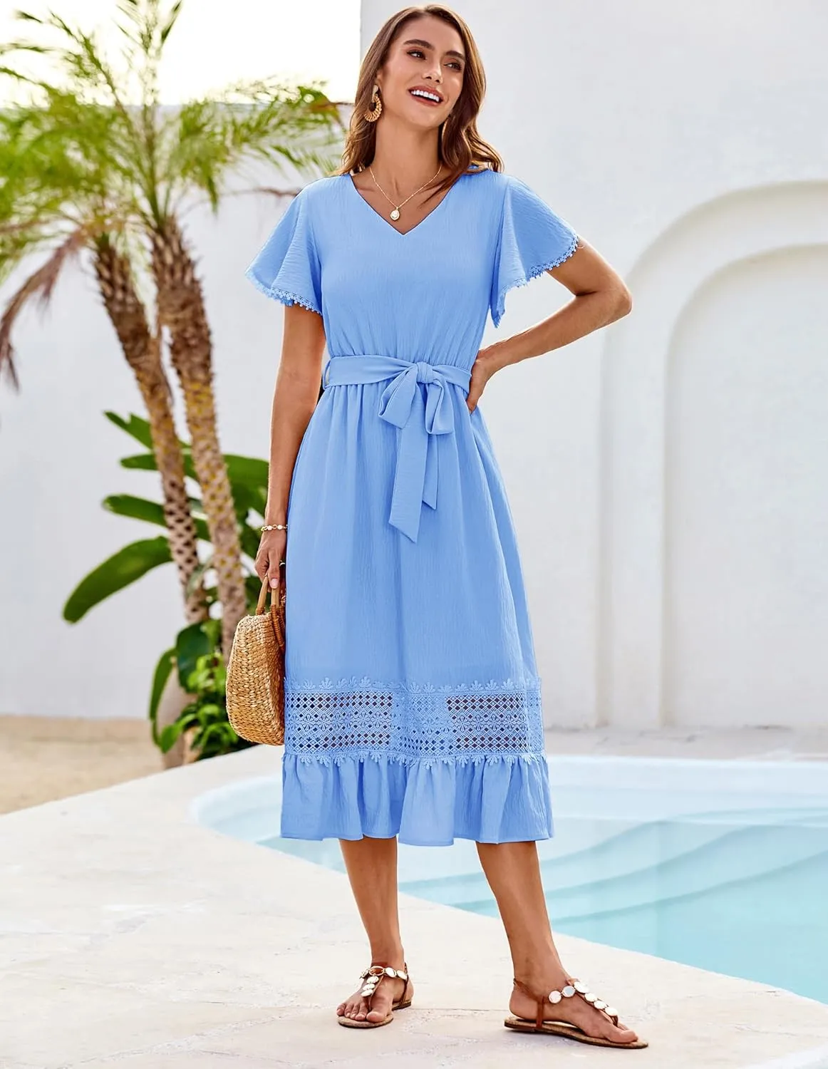 GRACE KARIN Women's Summer Casual V Neck Ruffle Short Sleeve A-Line Floral Embroidery Flowy Midi Dress with Belt