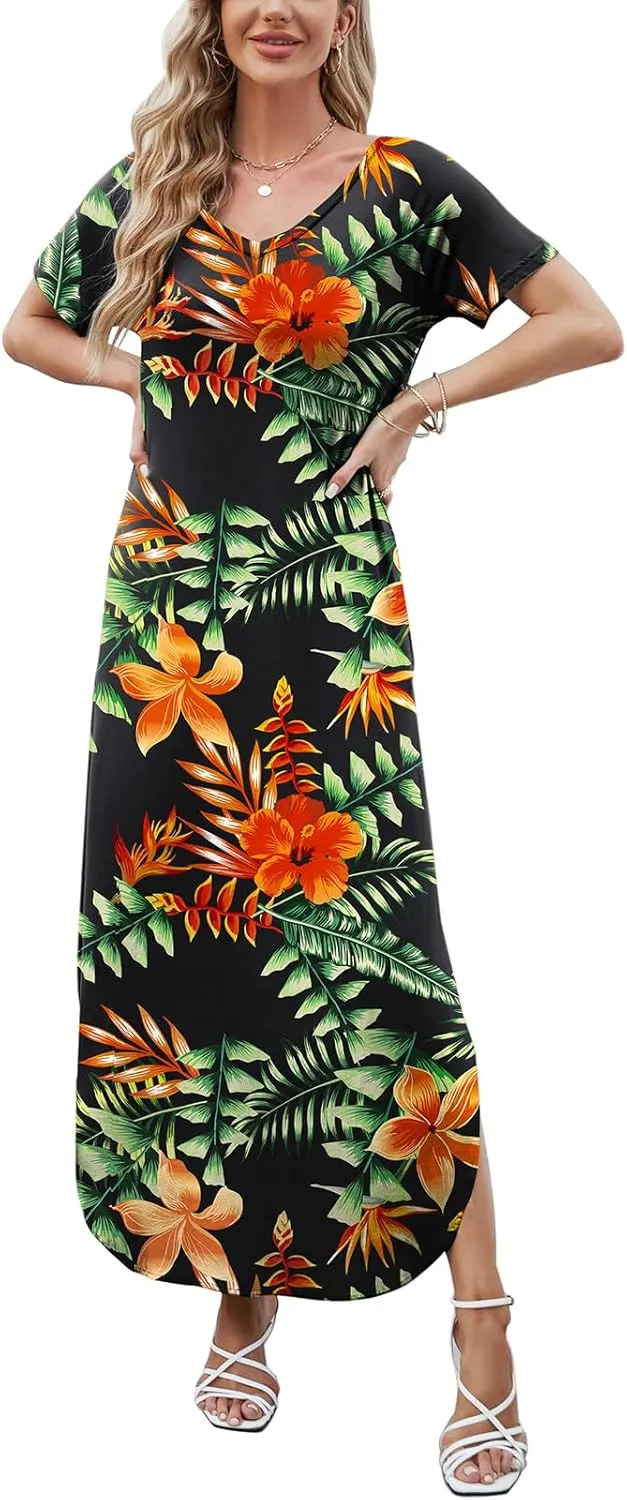 HUSKARY Women's Summer Maxi Dress Casual Loose Pockets Long Dress Short Sleeve Split Maxi Dresses