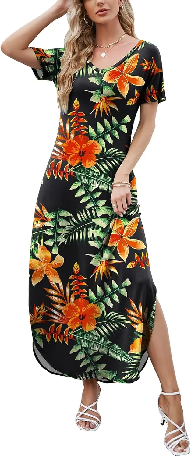 HUSKARY Women's Summer Maxi Dress Casual Loose Pockets Long Dress Short Sleeve Split Maxi Dresses