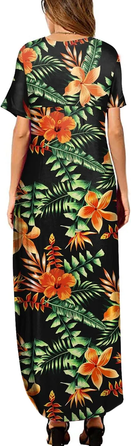 HUSKARY Women's Summer Maxi Dress Casual Loose Pockets Long Dress Short Sleeve Split Maxi Dresses