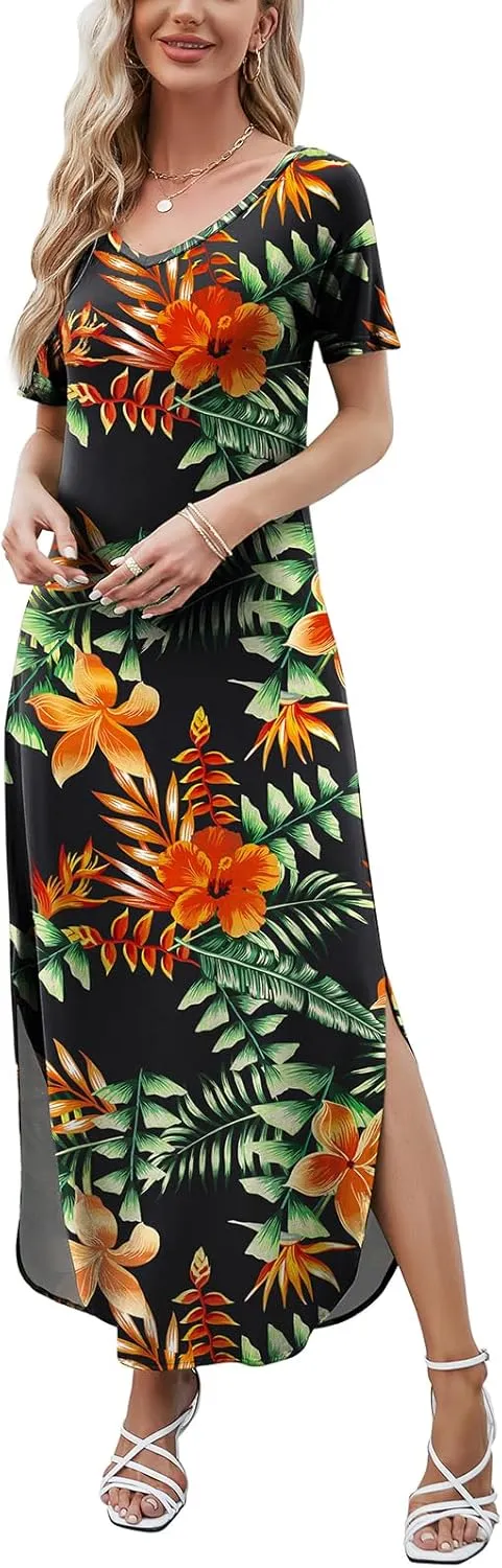 HUSKARY Women's Summer Maxi Dress Casual Loose Pockets Long Dress Short Sleeve Split Maxi Dresses