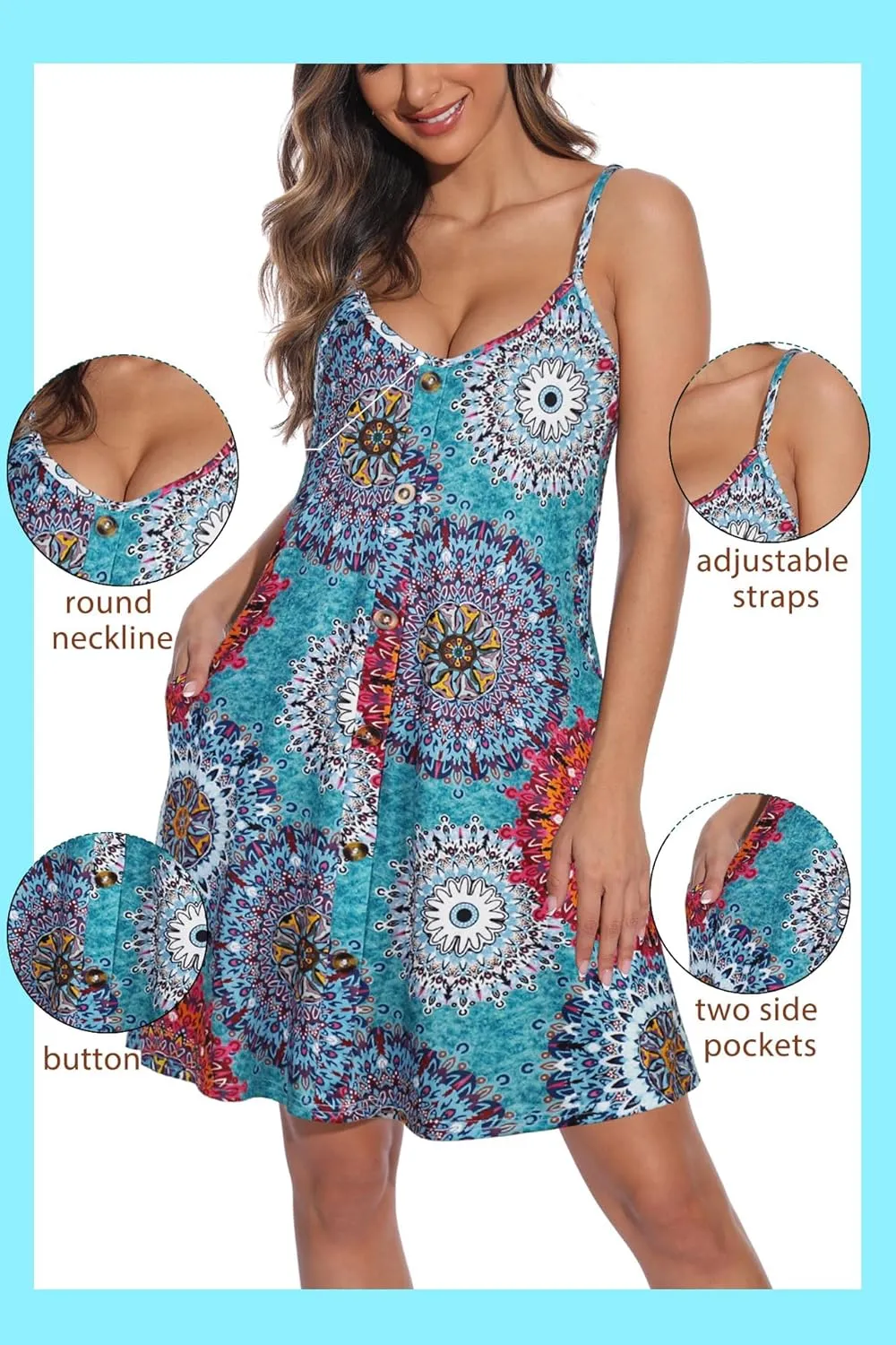 JOELLYUS Summer Dresses for Women Spaghetti Strap Button Down Casual Sundress Beach Cover Up Dress with Pockets