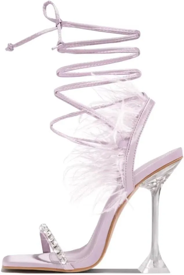 JOEupin Womens Rhinestone Feather Heels Sandals Strappy Lace Up Sexy Stiletto High Heel Party Wedding Dress Shoes