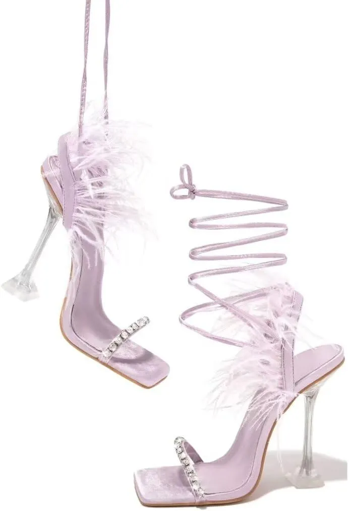 JOEupin Womens Rhinestone Feather Heels Sandals Strappy Lace Up Sexy Stiletto High Heel Party Wedding Dress Shoes