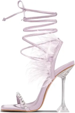 JOEupin Womens Rhinestone Feather Heels Sandals Strappy Lace Up Sexy Stiletto High Heel Party Wedding Dress Shoes