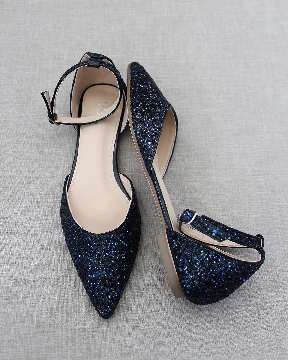 KAILEE P Rock Glitter Pointy Toe Flats with Ankle Strap, Wedding Shoes, Bridesmaids Shoes, Prom Shoes, Party Shoes, Bridal Flats