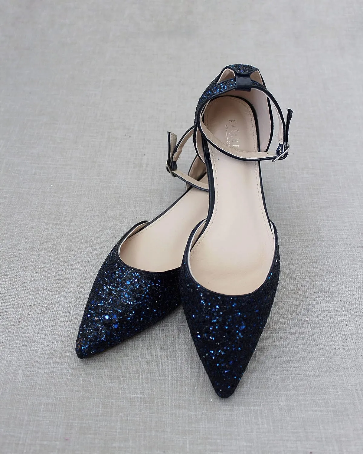 KAILEE P Rock Glitter Pointy Toe Flats with Ankle Strap, Wedding Shoes, Bridesmaids Shoes, Prom Shoes, Party Shoes, Bridal Flats