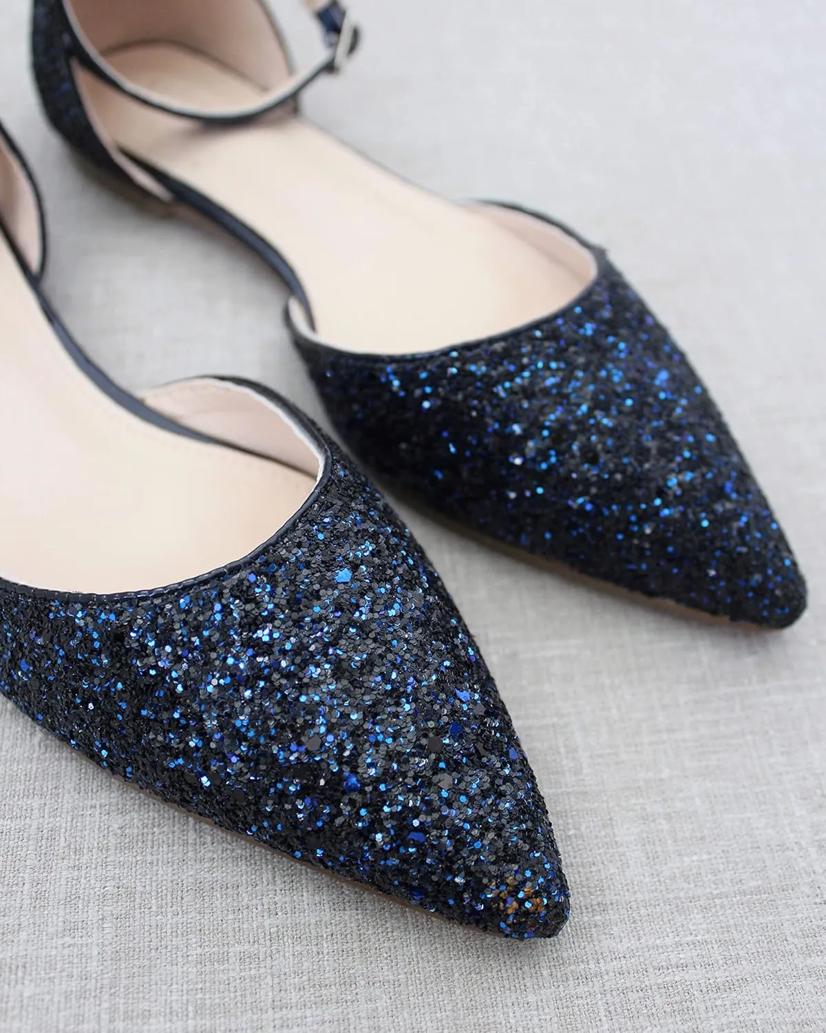 KAILEE P Rock Glitter Pointy Toe Flats with Ankle Strap, Wedding Shoes, Bridesmaids Shoes, Prom Shoes, Party Shoes, Bridal Flats