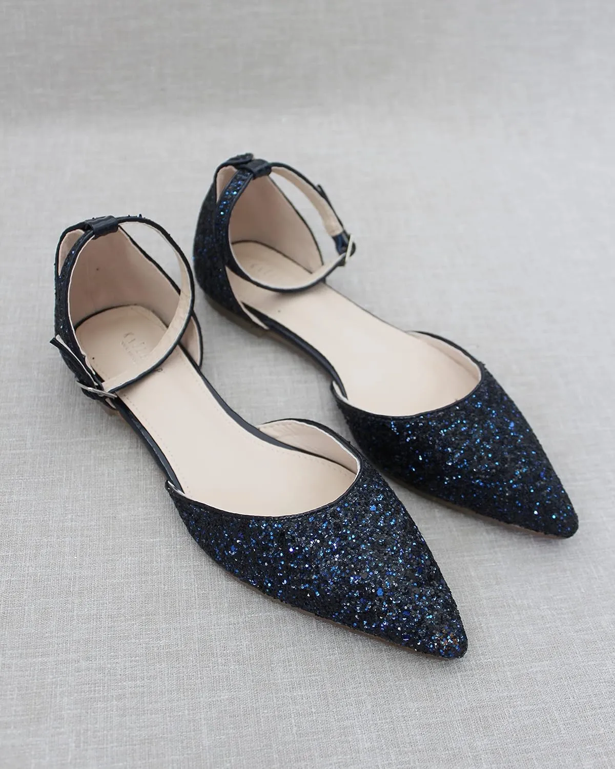 KAILEE P Rock Glitter Pointy Toe Flats with Ankle Strap, Wedding Shoes, Bridesmaids Shoes, Prom Shoes, Party Shoes, Bridal Flats