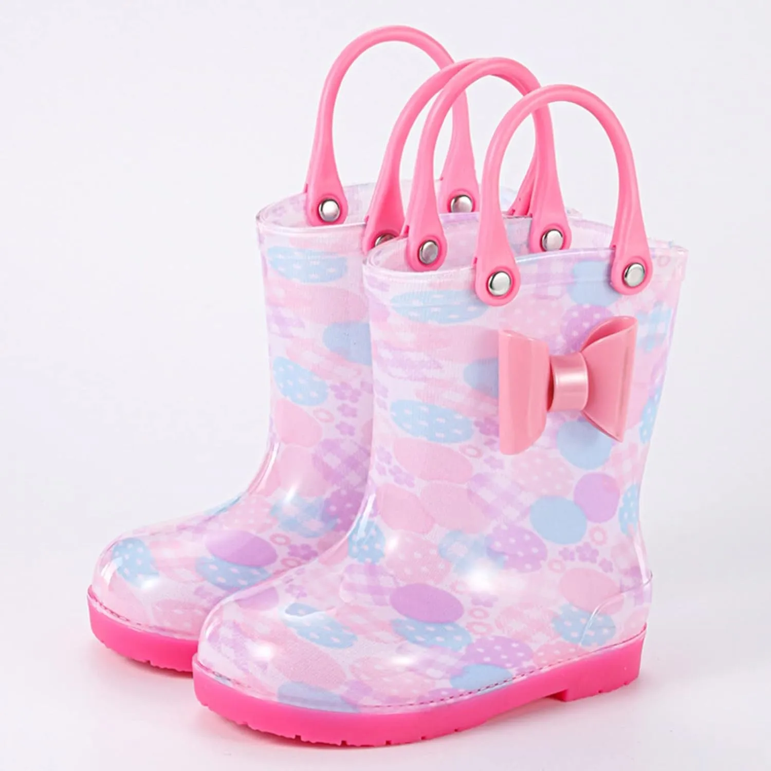 Kids Rain Boots For Girls Toddler Lightwight Waterproof Rubber Boots Cute Bow With Easy-On Handles Rain Boots Toddlers