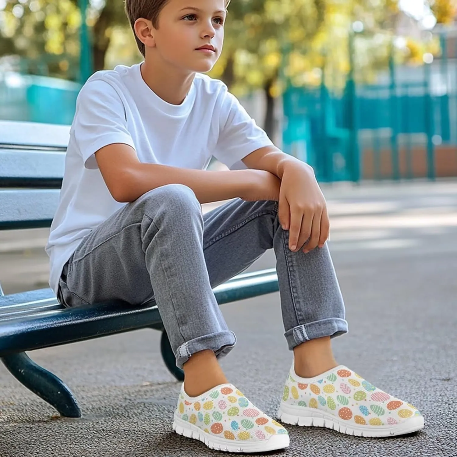 Kids Slip On Walking Shoes for Boys Girls Breathable Mesh Casual Shoes Loafers Non Slip Lightweight Comfort Sneakers Spring School Day White Sole Size 11-15